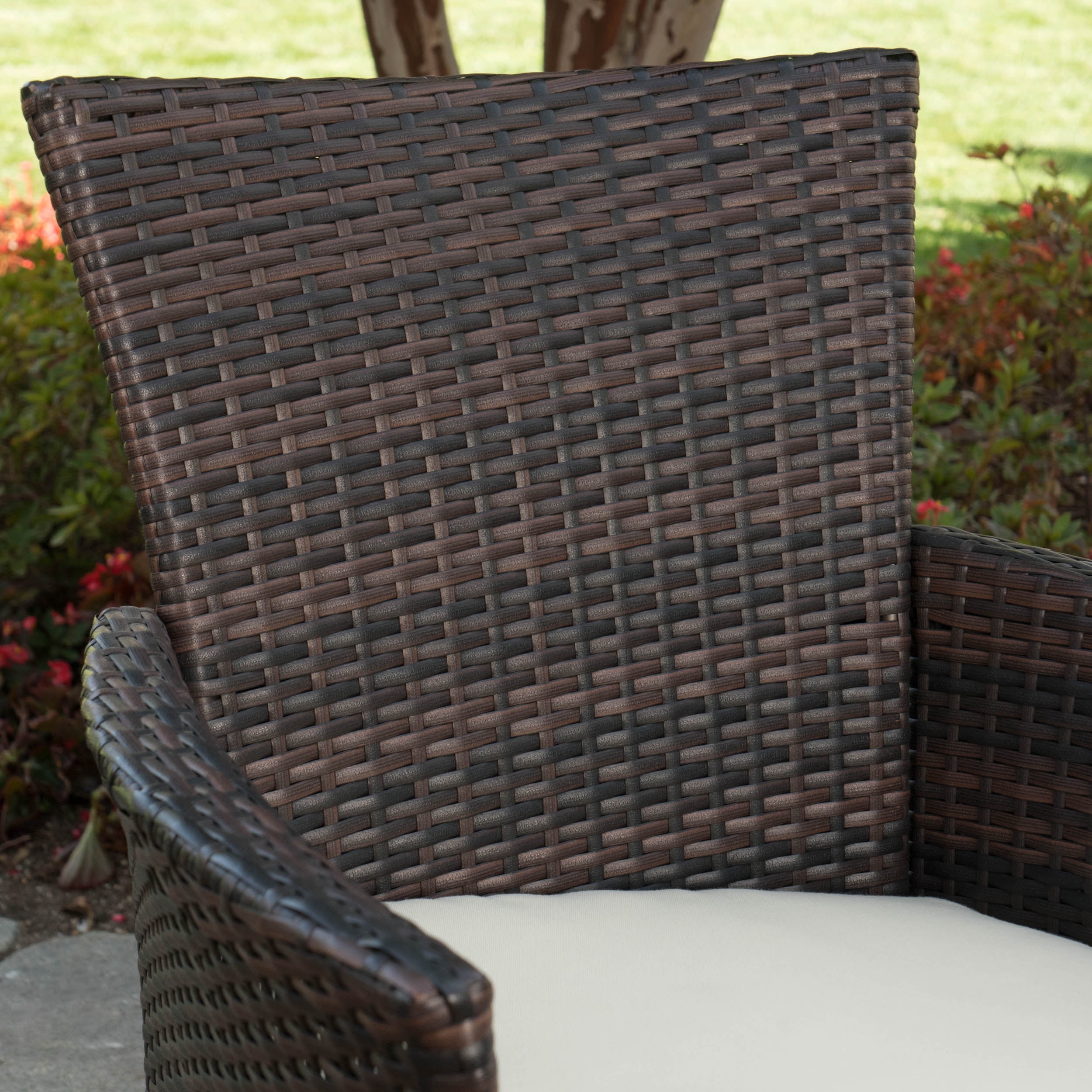 Olivia Outdoor 6-Piece Acacia Wood Dining Set with Wicker Dining Chairs and Cushions, Teak Finish, Multi-Brown, Beige