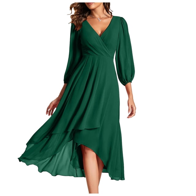 Plus Size Dresses Chiffon V Neck Long Sleeves Pleated A Line Midi Length Summer Dress Green XL