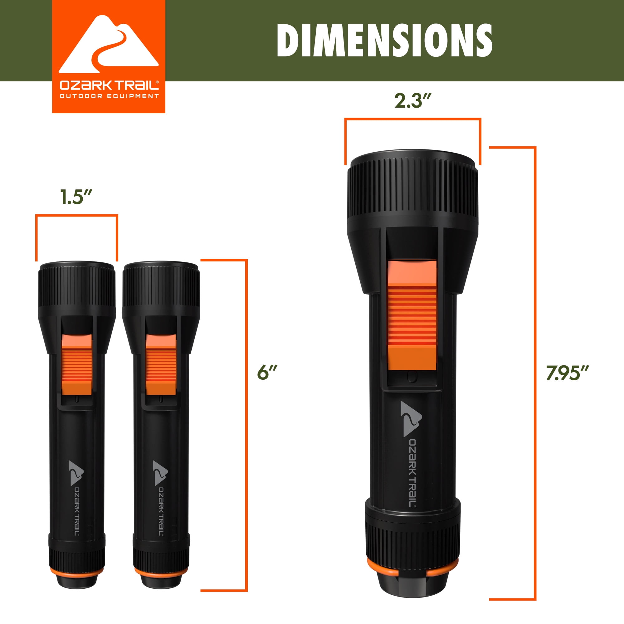 Ozark Trail Industrial LED Flashlights, 3 Pack, 1 Large Flashlight (150 Lumens) and 2 Small Flashlights (65 Lumens)