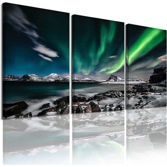 Aurora Scenery Wall Art Northern Lights Green Sky Painting on Canvas, Wall decorations for living room, Aurora Borealis,bedroom wall decor, Ready to Hang for Home Decor art (E-3pcs,12"x16"x3pcs)