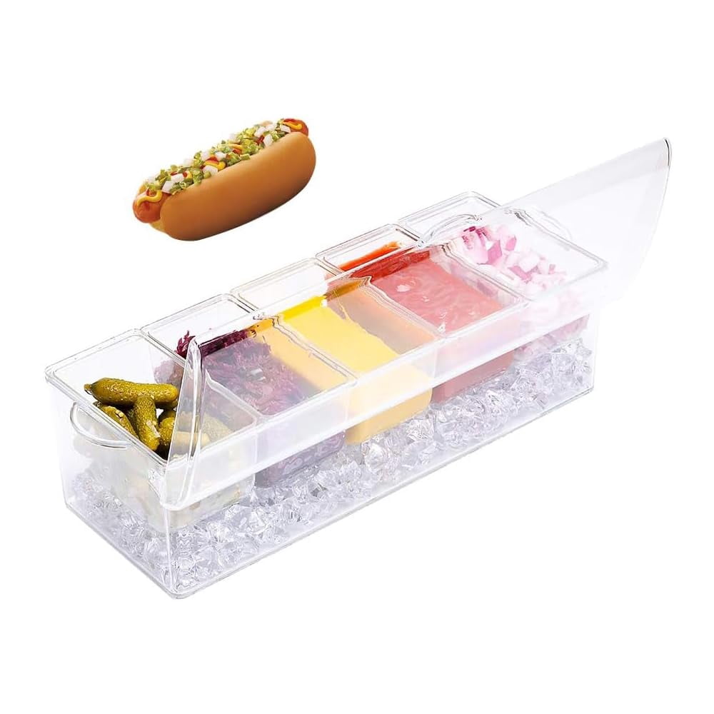 Condiment Server Tray with Lid, 5 Compartment Chilled Garnish Holder