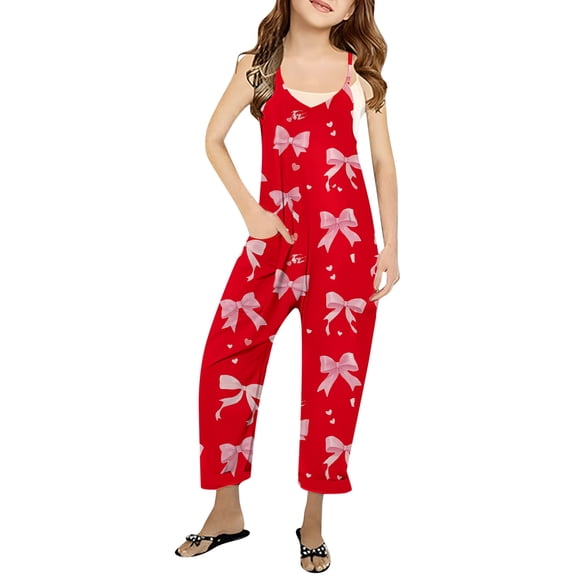 Fainosmny Girls' Printed Casual V Suspender Romper Solid Color Loose Casual Romper With Pocket Spring And Summer Clothing Girls Pants Red 150/(11-12 Years)