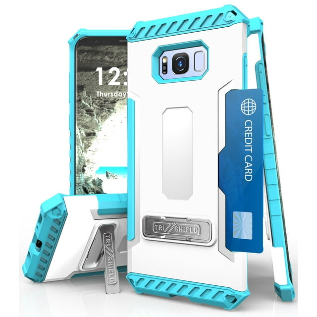 WHITE TURQUOISE TRI-SHIELD RUGGED CASE COVER with KICKSTAND + LANYARD STRAP + CREDIT CARD WALLET SLOT FOR SAMSUNG GALAXY S8 PHONE (SM-G950)