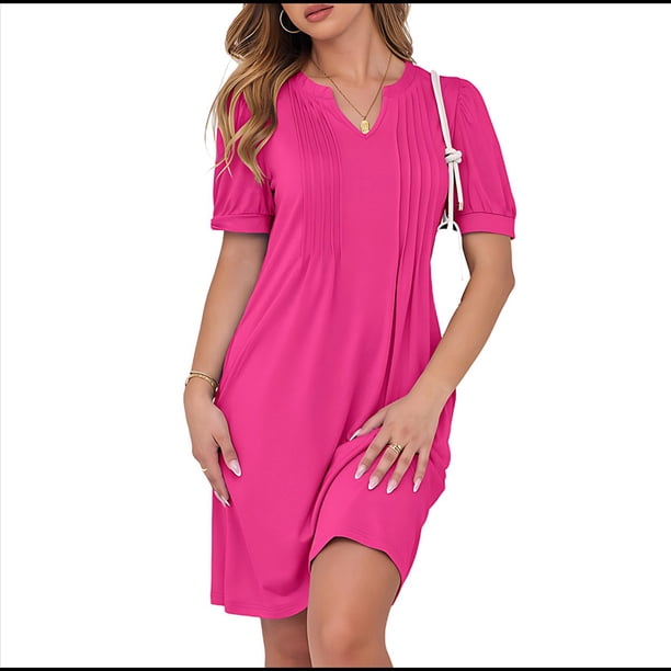 Vestido Tipo Túnica con Cuello en V, Informal, de Corta Abullonada, para Mujer, 2025 Rosa Roja L