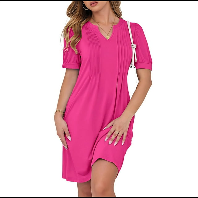 Robe Courte d'Été pour Femme à Manches Courtes Bouffantes, Décontractée, Col en V, Mini, 2025, Printemps, Tunique T-Shirt Plissée, Plage, Rose Rouge, P