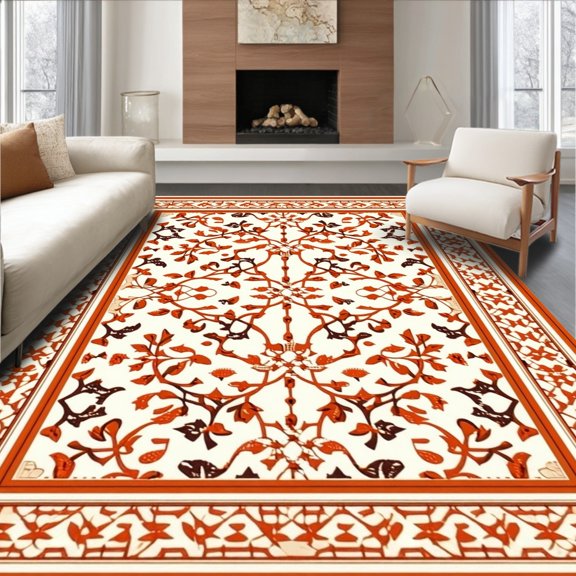 ODIKA 4' x 6' Machine Washable Non-Slip Area Rug, Middle Eastern Vine High Traffic Rug, Ivory, 244348