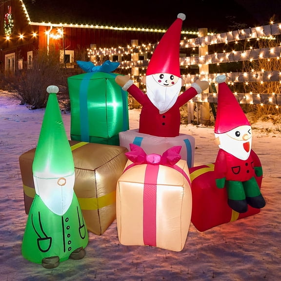 Nifti Nest 4.9 FT Christmas Inflatable Elf and Gifts, 3 Elves and 5 Gifts with Built-in LED Lights Blow Up Outdoor and Indoor Decor Yard Decorations with Hooks and Ropes Xmas Winter Party Dcor