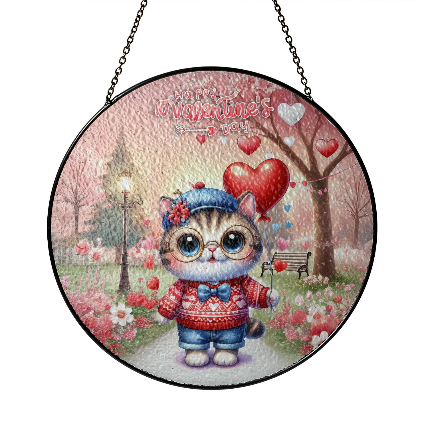 Happy Valentine’s Day Adorable Exotic Shorthair Kitten Holding Heart Balloon Stained Glass Suncatcher Cat Lover Kitten Owner Gifts Window Hanging Sign Decor - 00030