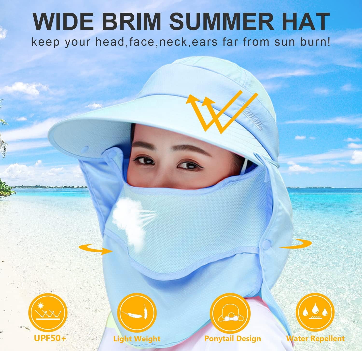 Wide Brim Sun Hat Visor Detachable Face Neck Cover UPF 50+ Ponytail Friendly Women Wide Brim Face Mask Sun Hat Detachable Neck Face Flap  main image 4