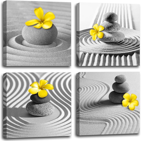 Yellow Gray Wall Art Black White Zen Wall Art Floral Wall Pictures Flower Zen Painting Stone Sand Pebble Canvas Poster Artwork for Wall Decor Living Room Bedroom Bathroom Decor Framed