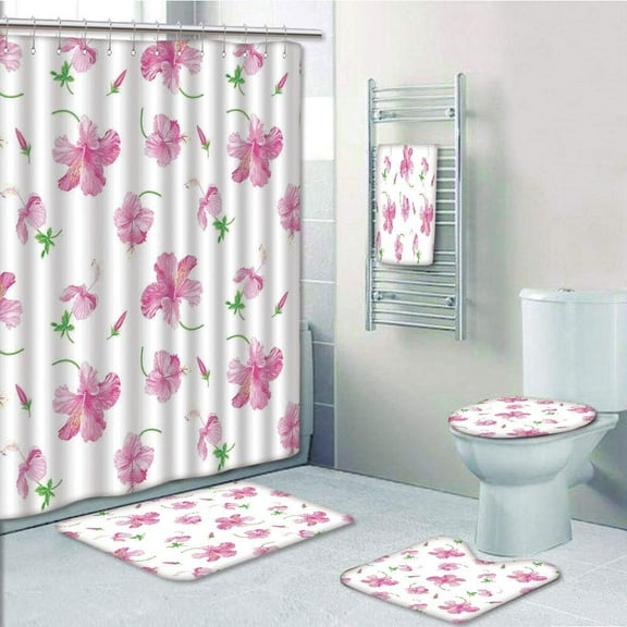PRTAU Floral Hibiscus Flowers on Plain Floral Country Decor 5 Piece Bathroom Set Shower Curtain Bath Towel Bath Rug Contour Mat and Toilet Lid Cover