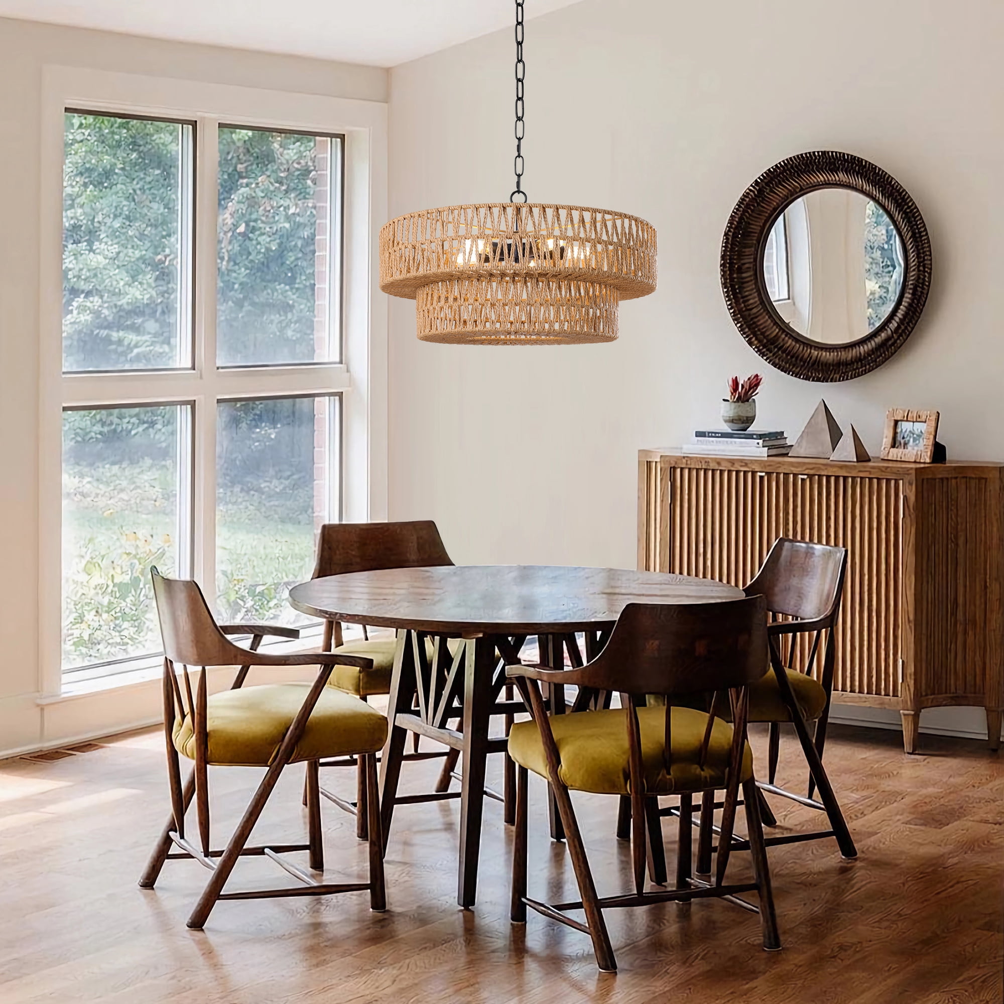 22"Farmhouse Hand-Woven Rattan Chandeliers for Dining Room 5-Light Boho Chandelier with Hand Woven Wicker Shade 3-Tier Large Rattan Pendant Lights Ceiling Hanging Lighting Kitchen Island