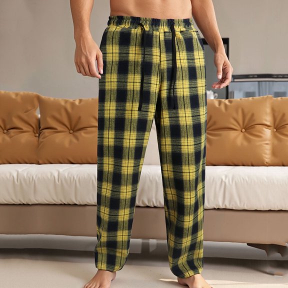 GUZOM Men's Yellow Plaid Pajama Pants Size XL,100% Soft Polyester,Adjustable Drawstring Waist,Straight-Leg for Sleep & Home Lounging