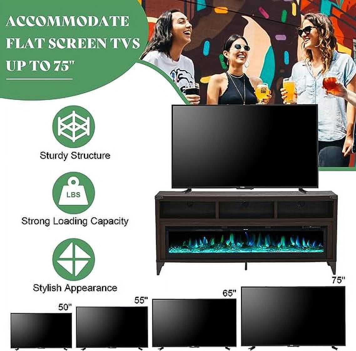 Merluxy 65" Fireplace TV Stand with 60" Glass Electric Fireplace for TVs up to 75", Espresso