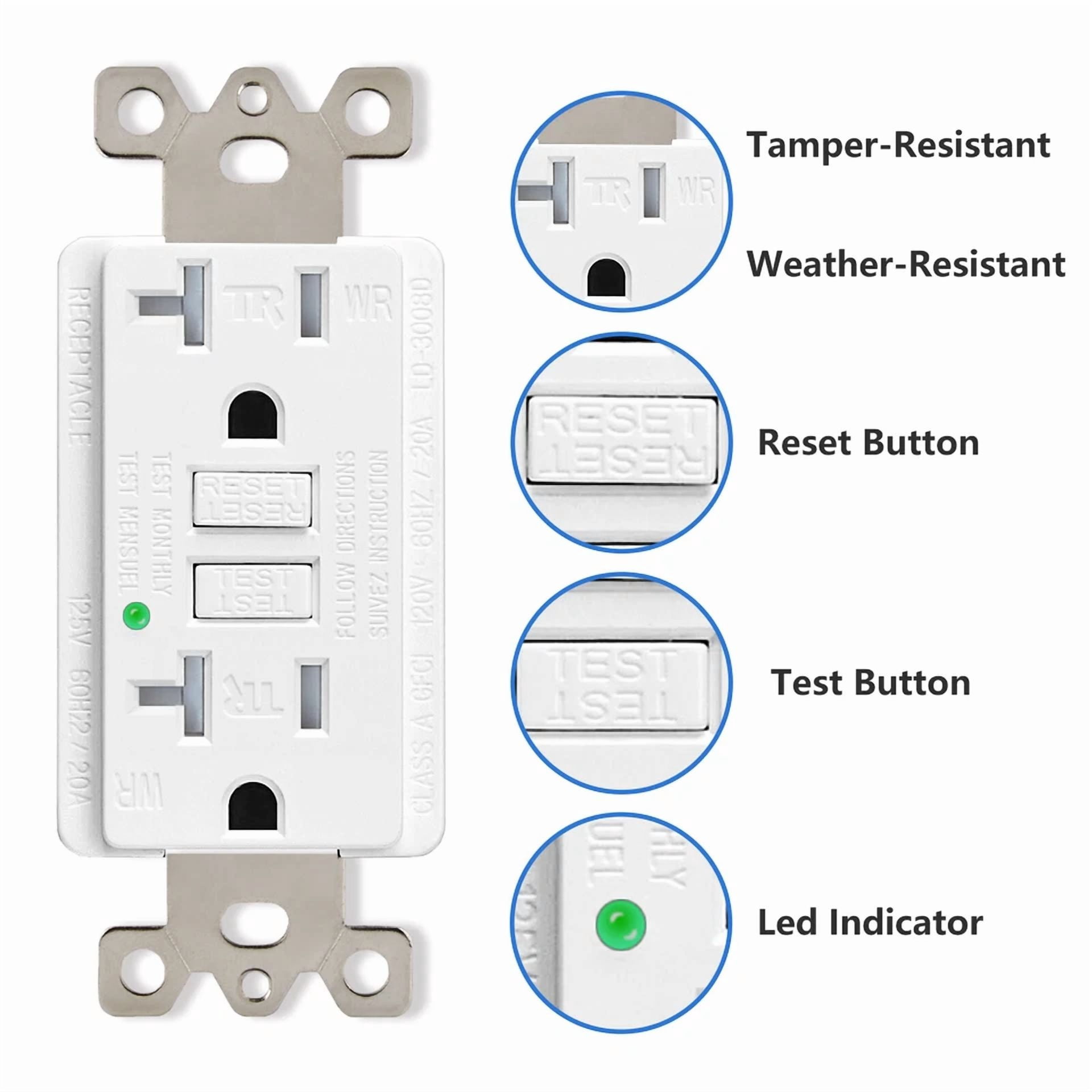 CIRCLE- Gfi Outlet 20 Amp Wr Tr Gfci Receptacles With Plate For Outdoor Kitchen Bathroom