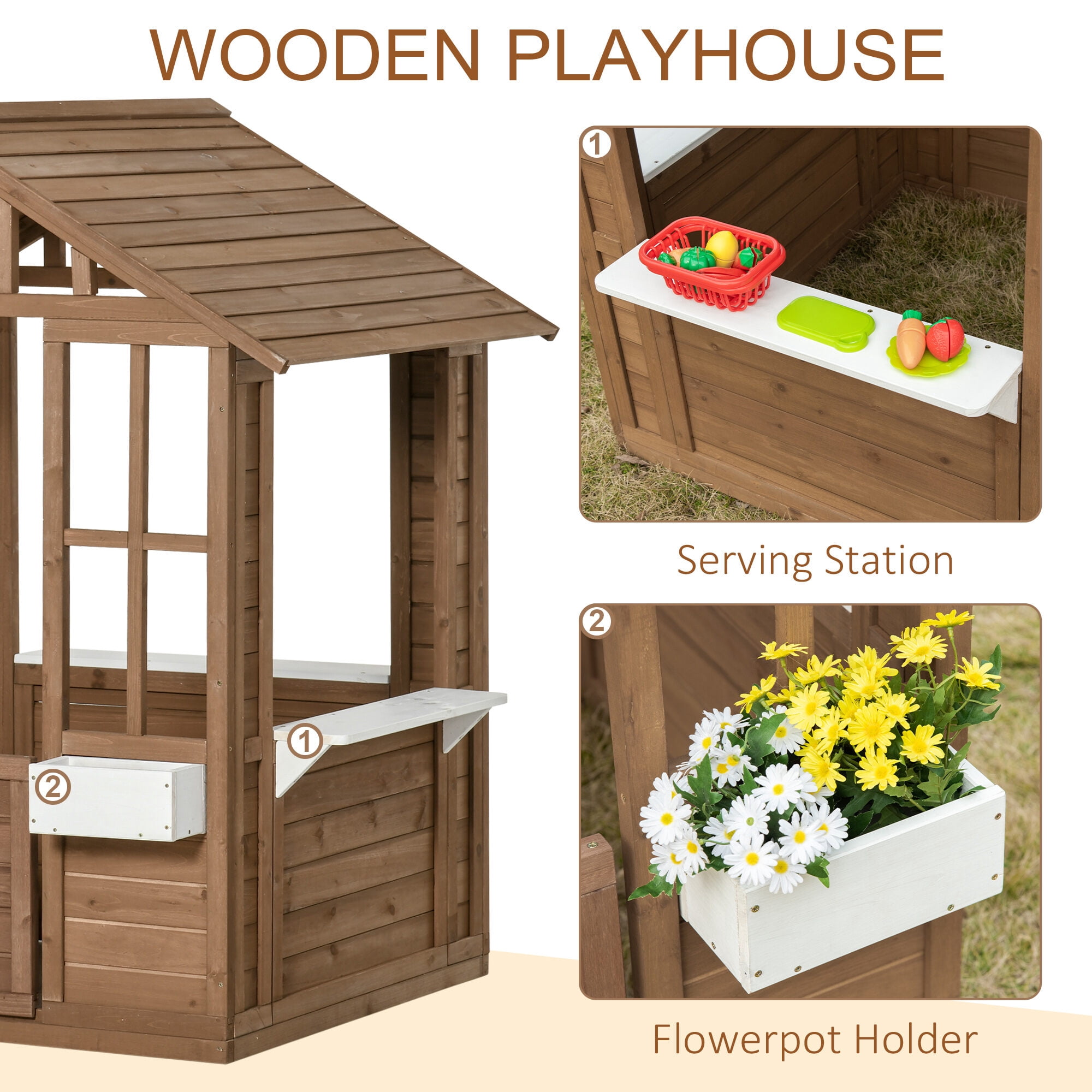 Baby Furniture, Kids Wooden Playhouse, Outdoor Garden Games Cottage, with Working Door, Windows, Flowers Pot Holder, 47" x 38" x 54", Brown Kids Furniture,Wood Kids Furniture