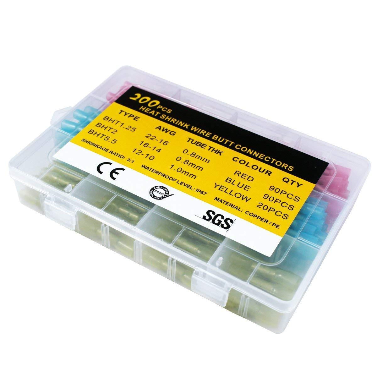 200 X Solder Seal Wire Connectors + Storage Box, Waterproof Solder Seal Wire Connectors Heat Shrink Butt Electrical Connectors Kit Terminal