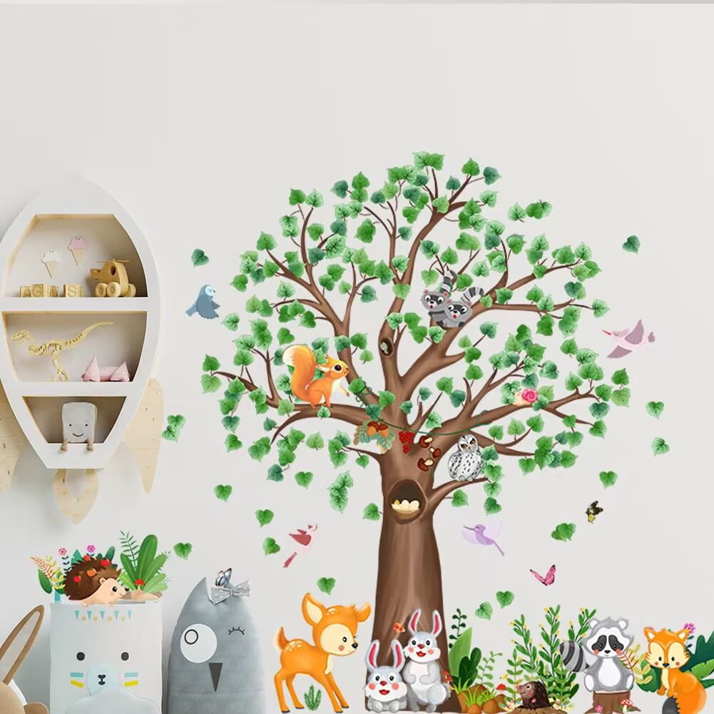 Woodland Animals Wall Decals Large Tree Wall Stickers Bear Fox Deer Wall Decals Rabbit Wall Stickers DIY Peel and Stick Art Decals Baby Nursery Kids Bedroom Toddler Room Wall Decor