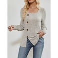thumbnail image 2 of SUNSIOM Women Fashion Ribbed T-Shirts Solid Color Square Neck Buttons Puff Long Sleeve Shirts Spring Fall Casual Loose Fit Tops, 2 of 6