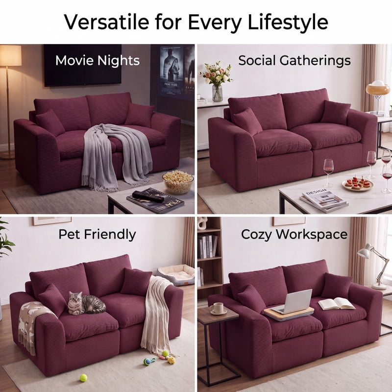 Gewnee Loveseat Sofa, Modular Cloud Couch, Corduroy 2 Seater Sofa with Removable Covers, No Assembly Required,WINE RED