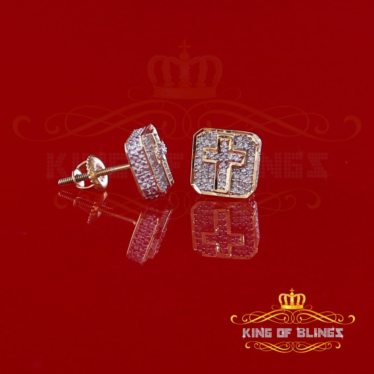 King of Bling's 10K Real Yellow Gold Real Diamond 0.25CT Men's/Women's Square Stud Micro Earring