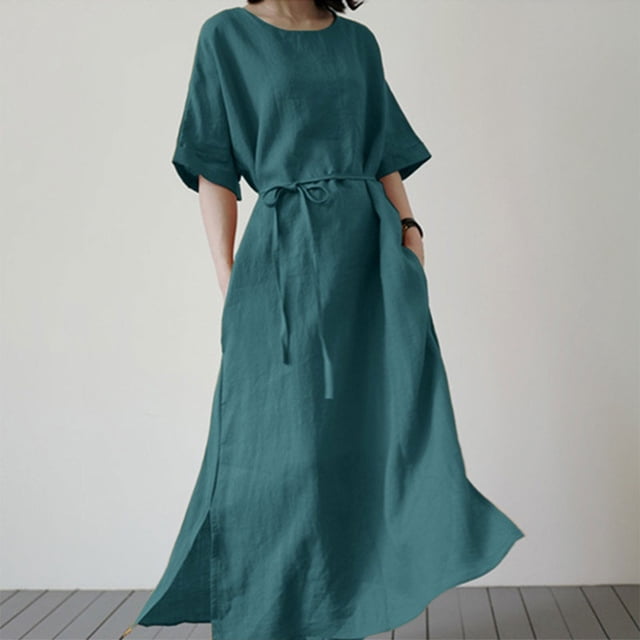 Meichang Robes Maxi en Coton et Lin pour Femmes, Fluides, à Taille Nouée, Tuniques, Unies, Col Ras du Cou, Manches Courtes, Fente Latérale, Robes d'Été de Plage Décontractées Longues avec Poches, Bleu, TTG