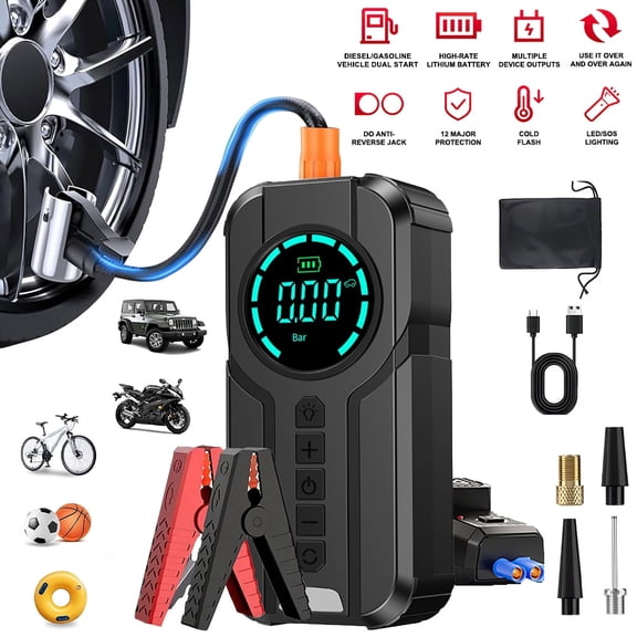 DFITO Jump Starter with Air Compressor, 1000A Peak, 8000mAh battery pack, 150 PSI Tire Inflator, 12V Portable Jump Box for up to 3.0L Gas and 2.0L Diesel