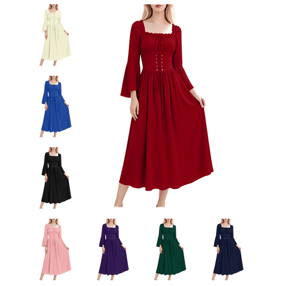Busydd Women's Lace Up Renaissance Dress Vintage Solid Color Square Neck Medieval Dress Trendy Flowy Bell Sleeve Midi Dress S