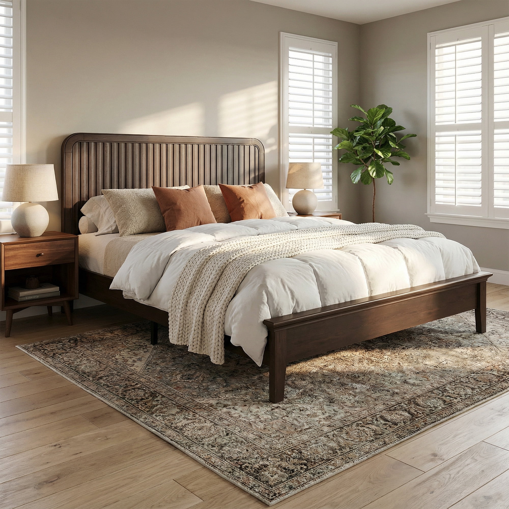 Fluest Queen Bed Frame with Slat Headboard, Solid Wood Bed Frame, No Box Spring Needed, Noise-Free, Rustic Brown