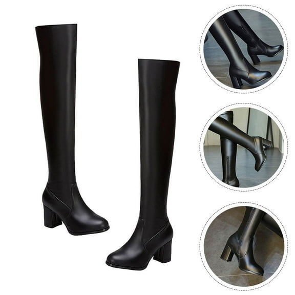 Worgeous Black High Heel Boots for Women Lightweight Comfortable Round Toe Knee Length Fashion Boots