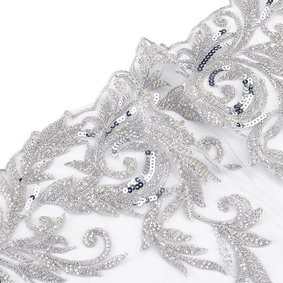 2 Yards Silvery 3D Lace Applique Width 13.6 Inch Floral Lace Rhinestone Beaded Sewing Fabric Applique Decor for DIY Sewing Clothing Flowers Applique Embroidery Patches Fabric for Wedding Dress Silver