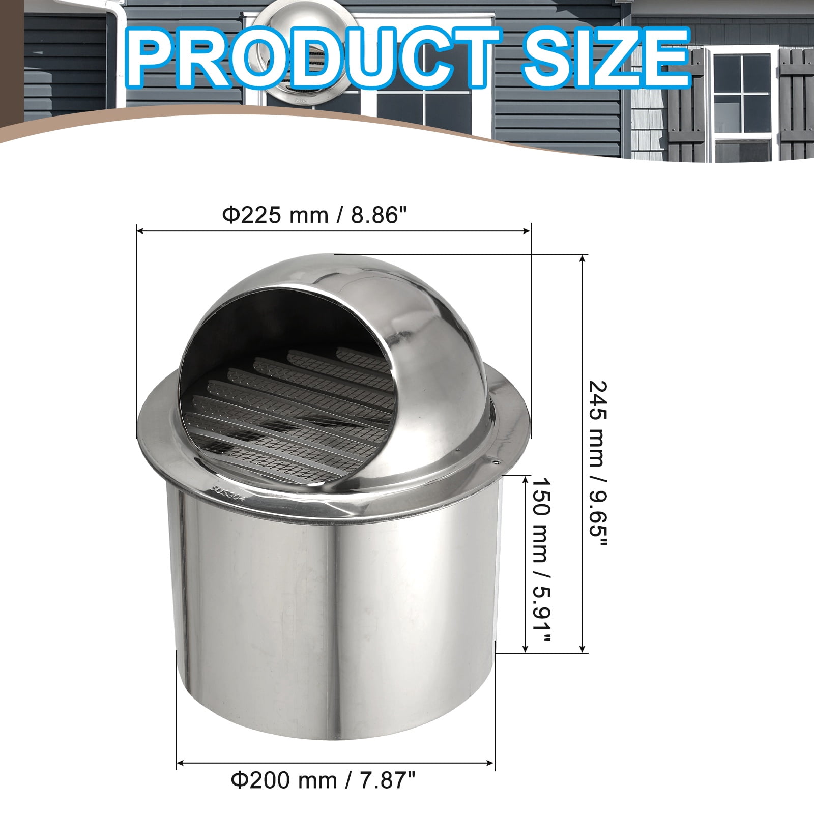 Uxcell Round Soffit Air Vents, 304 Stainless Steel Louver Grille Vent Cover Screen Mesh Grill Hood for Kitchen 8" OD x 6" L