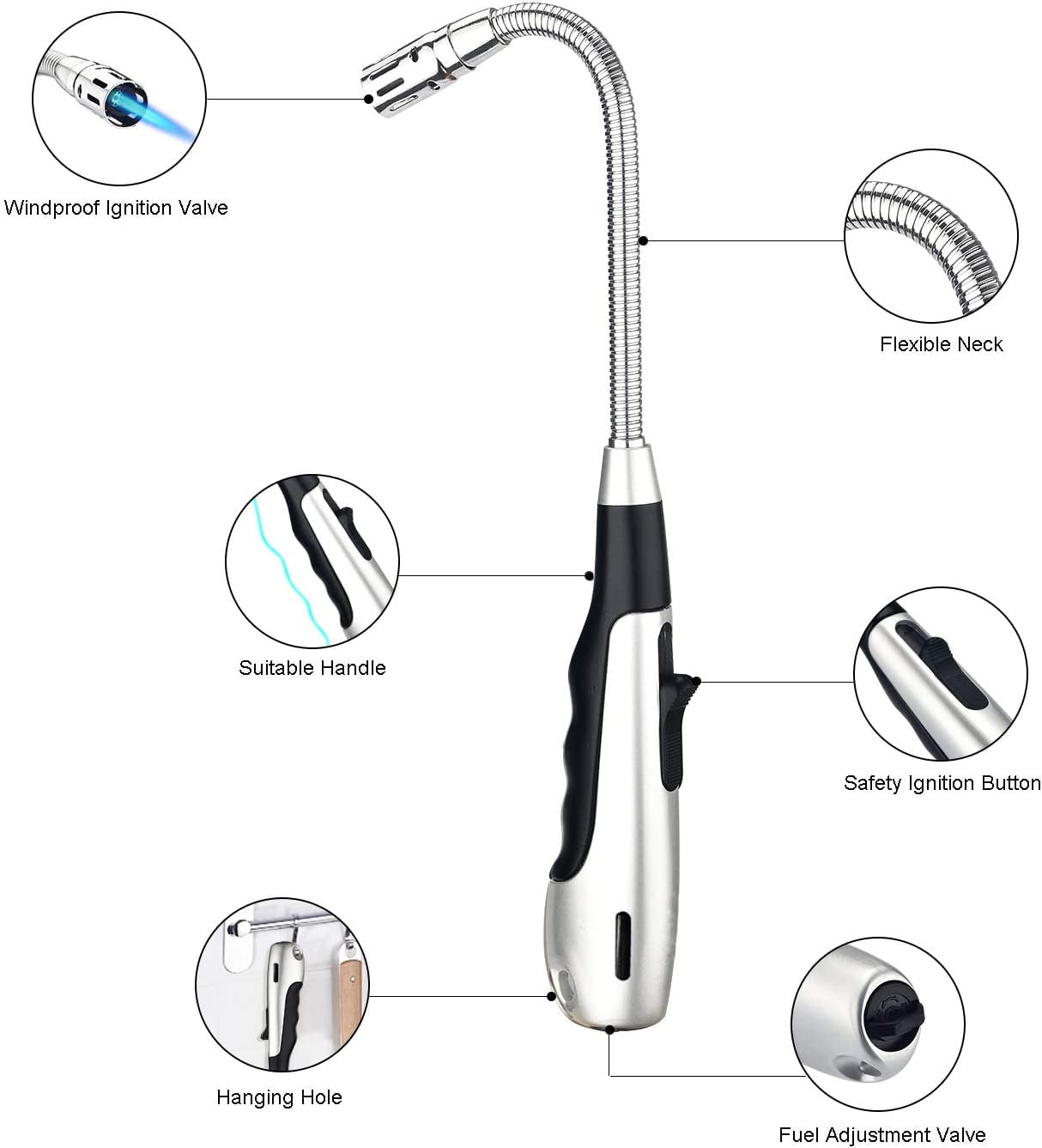 Two Piece Candle Torch Lighter, 360° Flexible Neck Adjustment Flame Gas