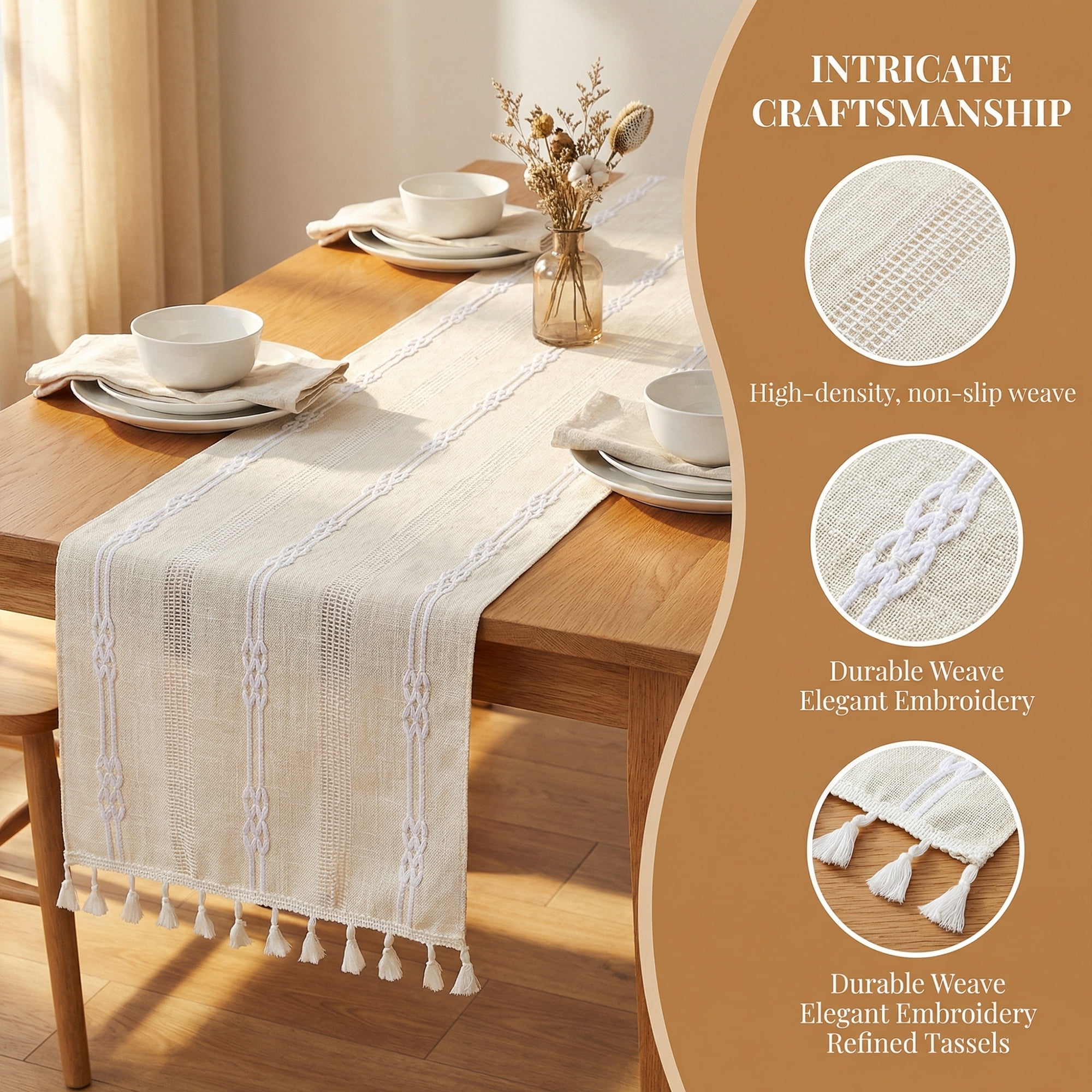 Unique Bargains Openwork Polyester Runner Table Runner for Kitchen Decor Beige 13"x70.9"
