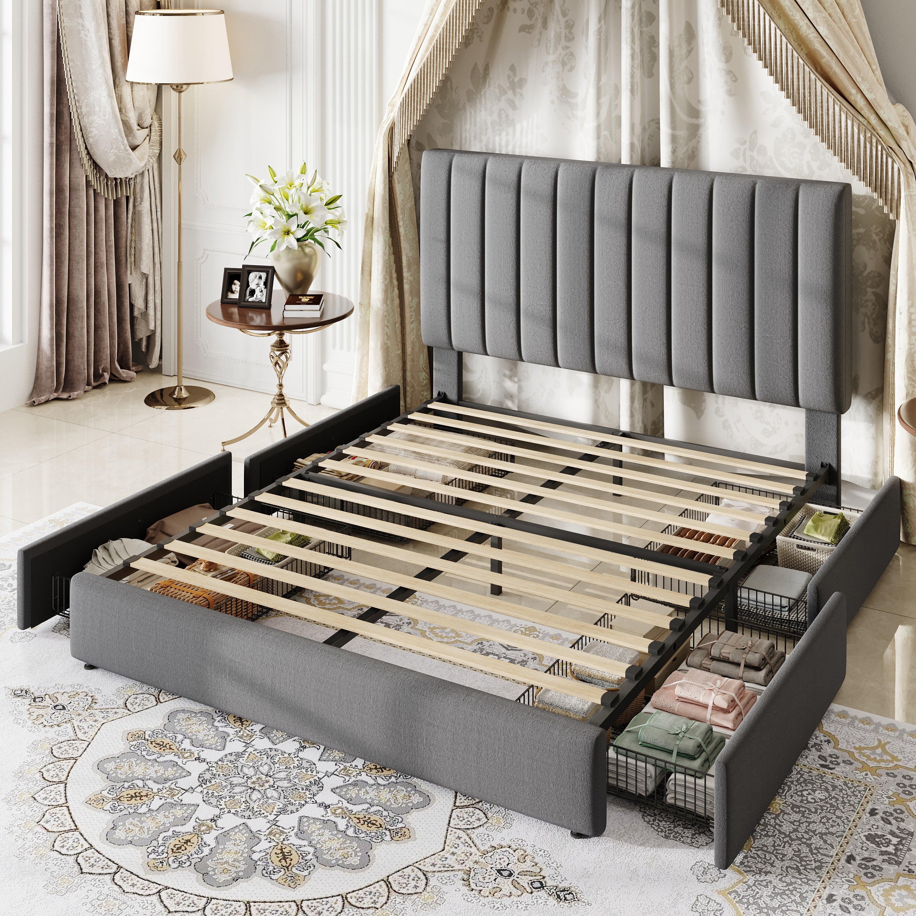 Amolife Queen Bed Frame, Platform Bed with Adjustable Velvet-Wrapped Headboard and 4 Storage Drawers, No Box Spring Required, Gray