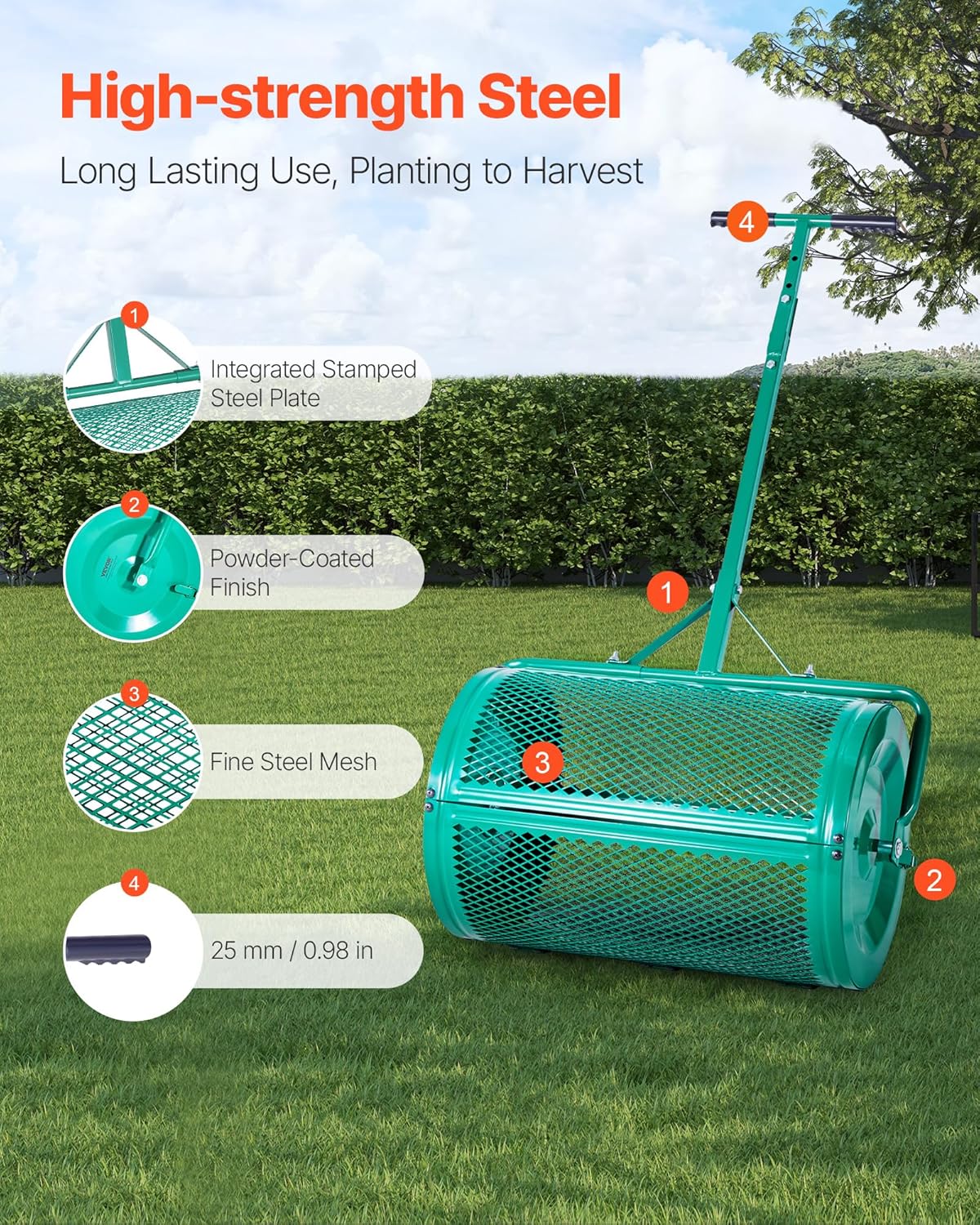 Garden Peat Moss Roller, Compost Spreader, 24 in Wide Heavy Duty Grass Seed Spreaders with T Shaped Handle, 3 Heights Adjustable, Powder-Coated Steel Peat Moss Spreader for Planting Seeding
