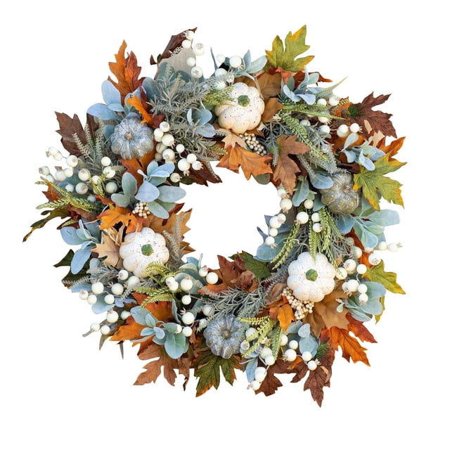 Halloween Thanksgiving Simulation Flower Wreath with Frost Leaf Pumpkin Pendant for Door Decoration, Crafted by Skilled Artisans for Unique Display
