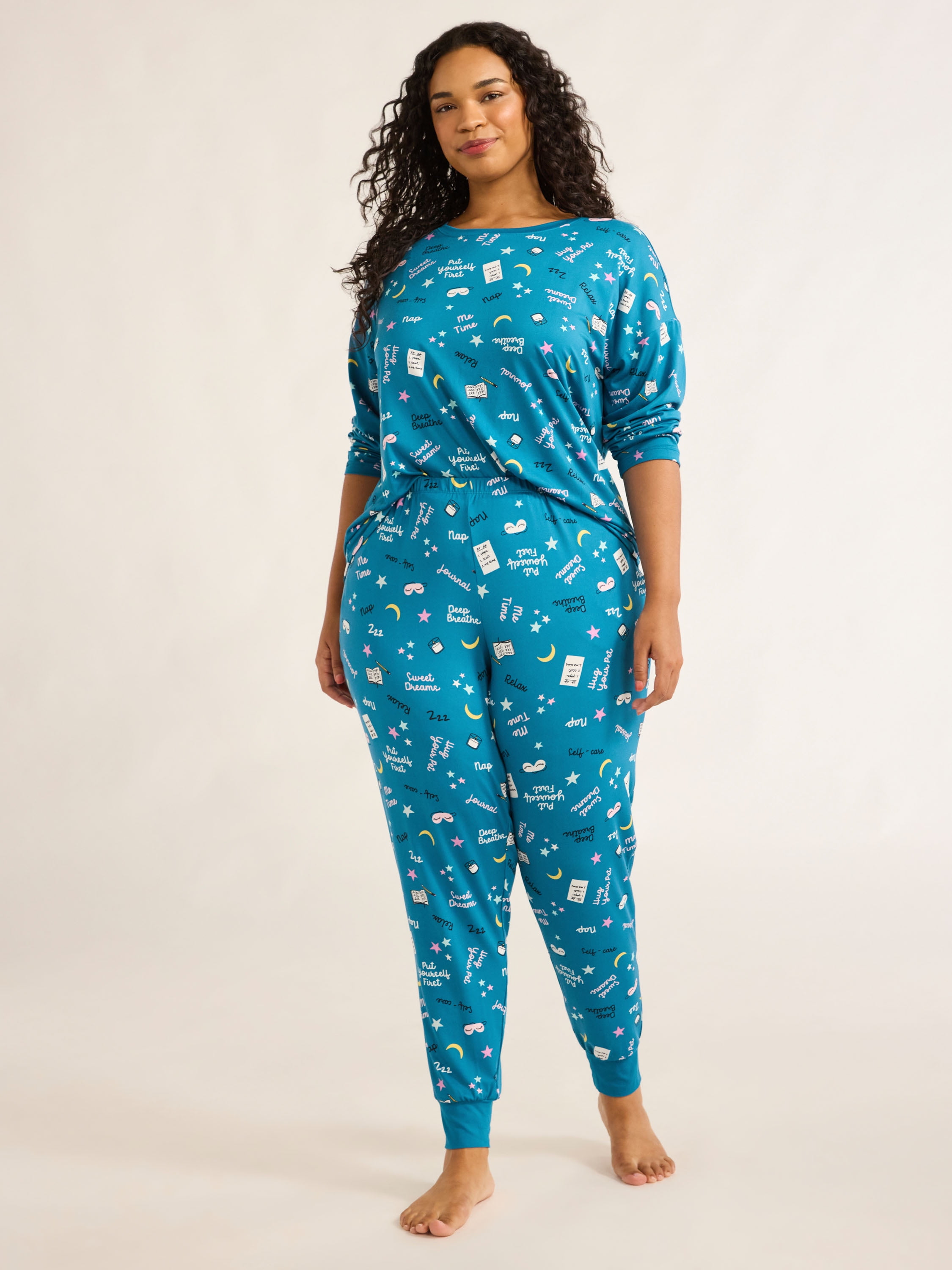Joyspun Women’s Long Sleeve Tee and Jogger Pants Pajama Set, 2-Piece, Sizes S-3X