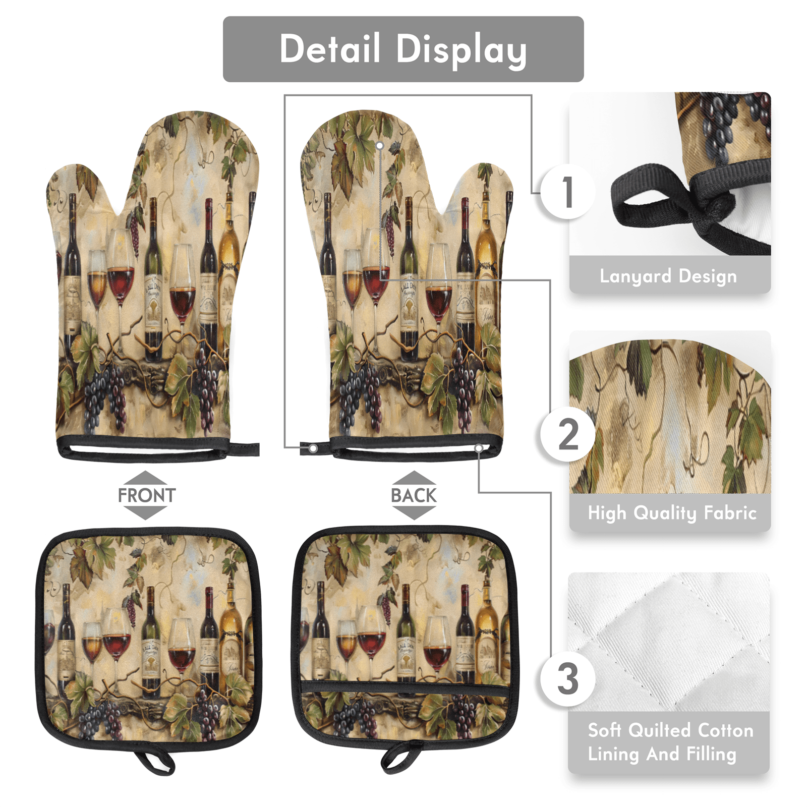 CURLYOOT Wine Themed Vintage Oven Mitts and Pot Holders Sets of 2, Non-Slip Washable Hot Pads and Oven Gloves for Kitchen Cooking Baking