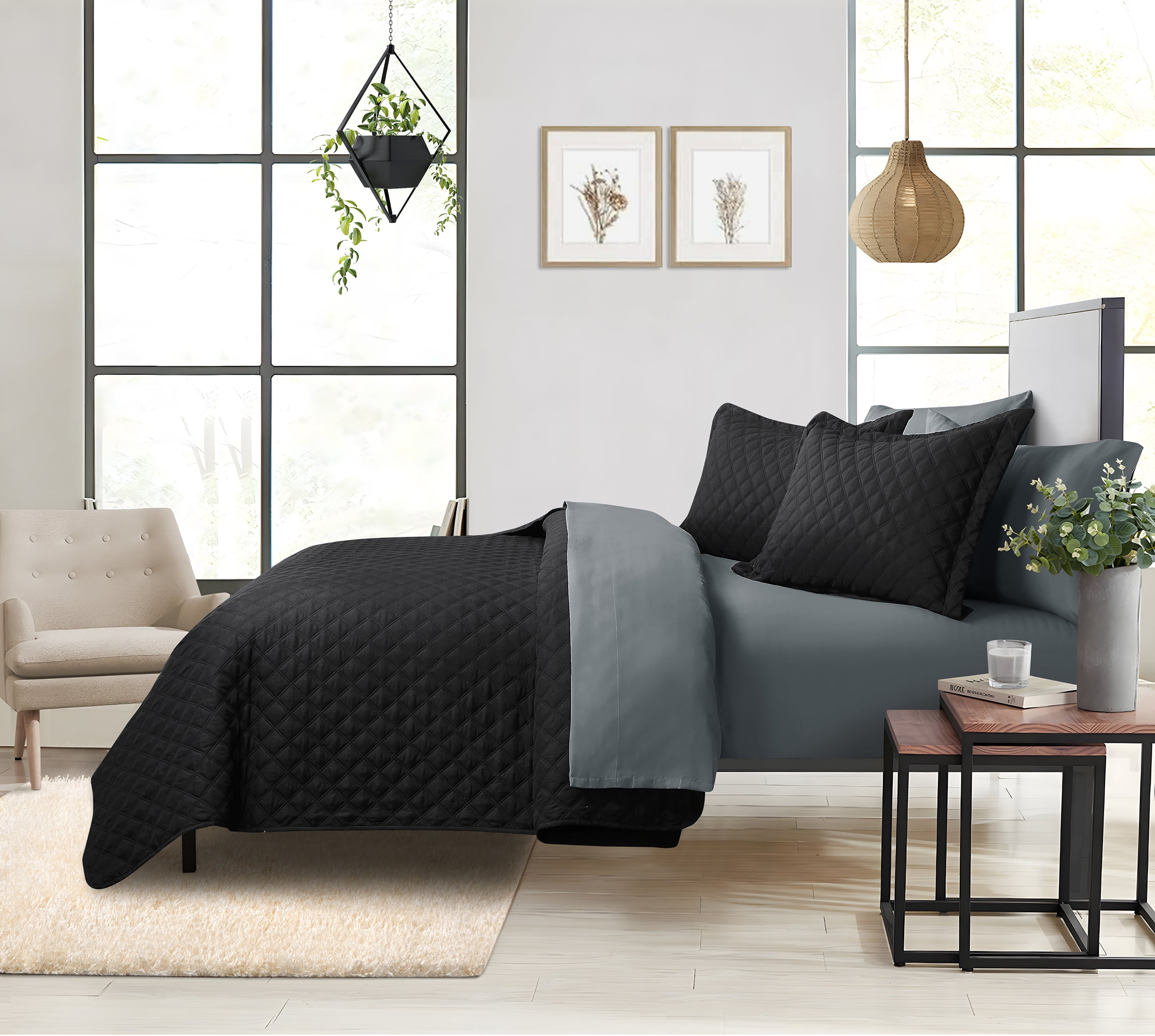 Mainstays All in One Lightweight Quilt Set and Sheet Set -7 Piece, Full, Black