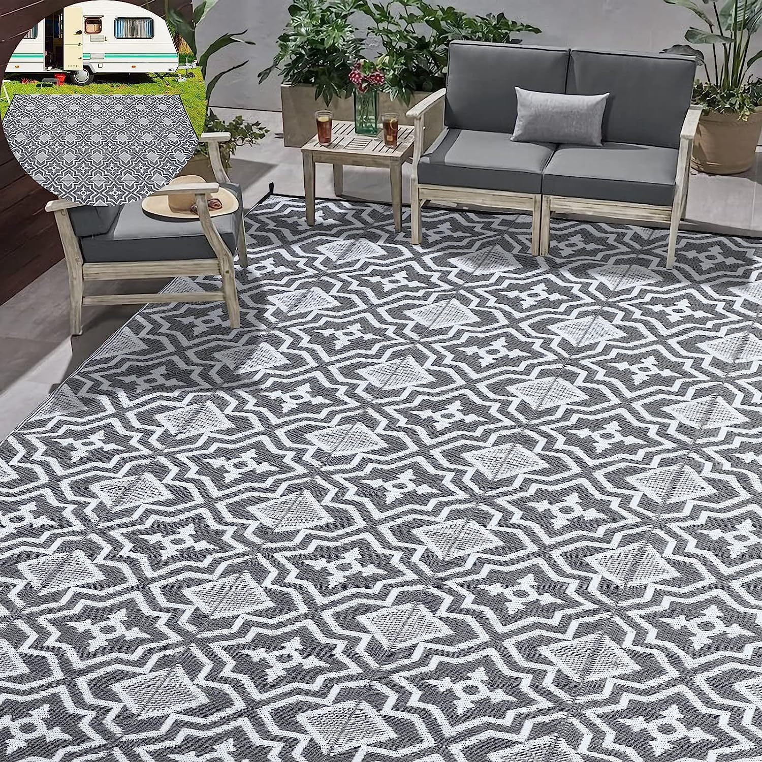 Outdoor Rugs 9x12 for Patios Clearance ,Waterproof Patio Rug, Rv