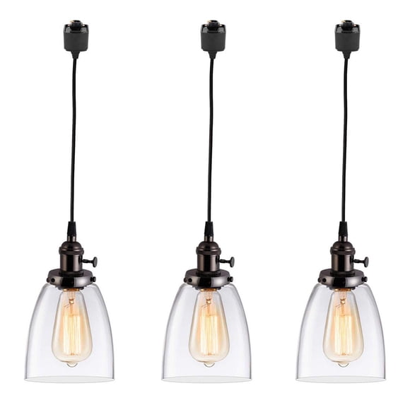 FSLiving 3-Lights H Type Track Lighting Pendants ,Kitchen Island Chandelier Triple 3 Heads Pendant Hanging Ceiling Lighting Fixture w/ Bell Clear Glass Shade (Black Peal)