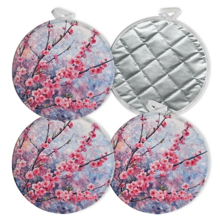

4 PCS Pot Holders for Kitchen Potholders Sets with Hook for Oven Cooking Baking Graceful Spring Flower Plum Blossom Art