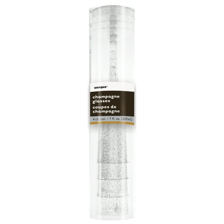 - Unique Industries Plastic Champagne Flutes, 7 oz, Silver Glitter, 4ct