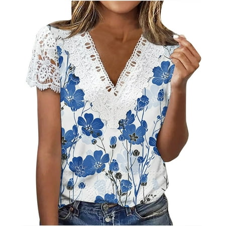 Spring Tops for Women 2023 Trendy, Floral Print Tops for Women Lace Trim V Neck T Shirts Casual Loose Pullover Tee Shirts Best Clearance Deals Today Amazon Boxes Mystery Pallet #4