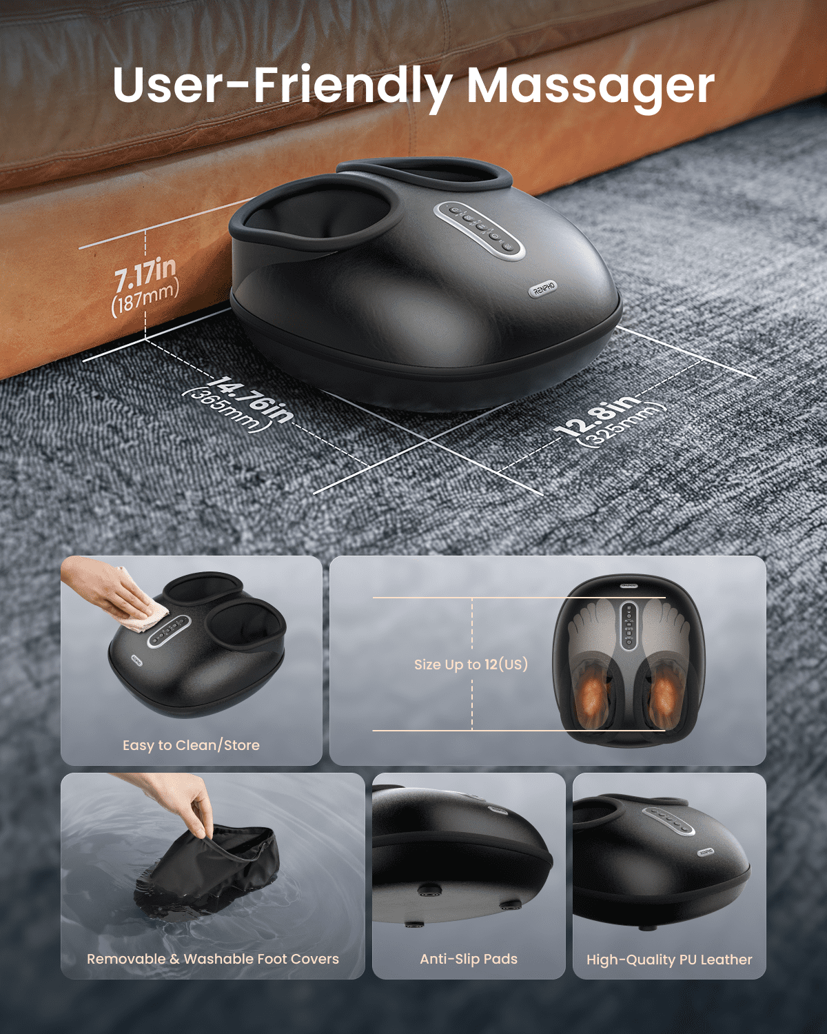 RENPHO 2026 Upgraded Foot Massager with Heat, FSA Eligible Shiatsu Foot Massager for Plantar Fasciitis, Deep-Kneading Feet Massager, Mens Size 12, Black