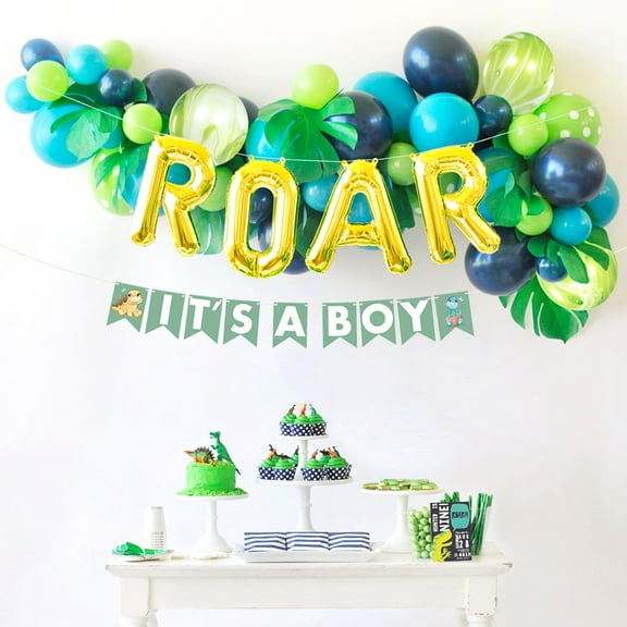 Dinosaur Baby Shower Decorations for Boy with Blue Green Balloon Garland Arch Kit, Its a Boy Banner, Leaves, ROAR Letters