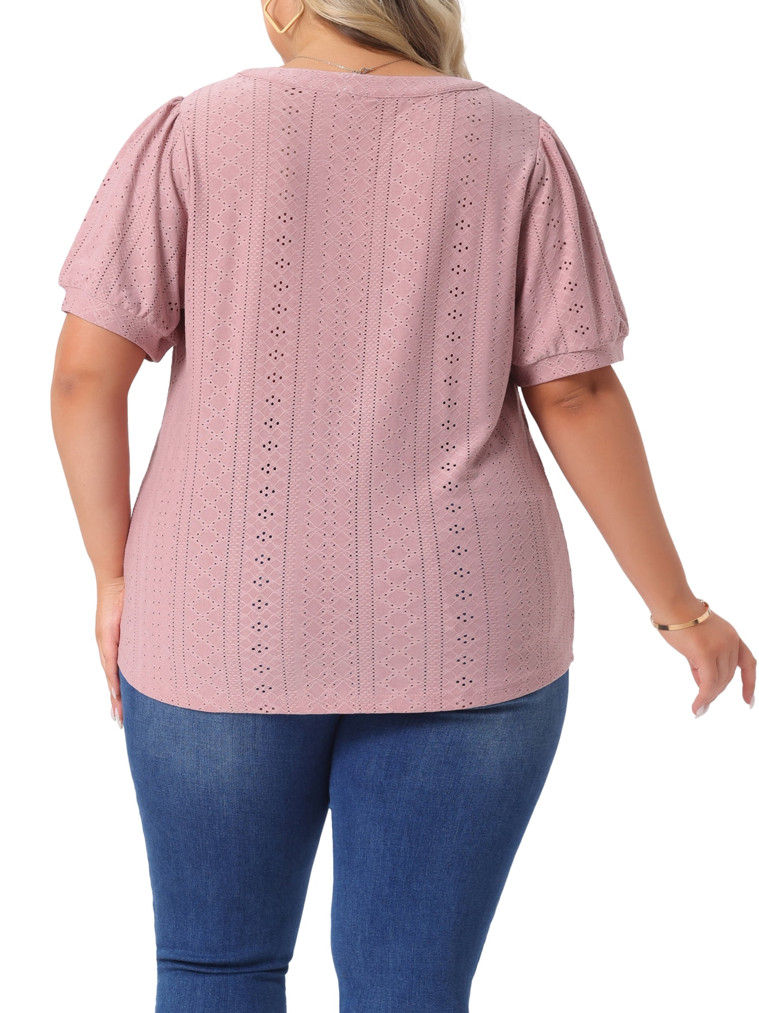 Women's Plus Tops Hollow Casual V Neck Short Sleeve Summer Blouse Shirts 5X Pink