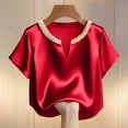thumbnail image 5 of Rutainlusire Womens Tops V-Neck Pearl Neck Smooth Satin Short Sleeve Shirts Blouse Women's Summer Fashion Solid Color Casual V-Neck Short Sleeved Top Shirt, 5 of 5