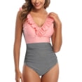 thumbnail image 1 of Traje de baño de una pieza con cuello en V, traje de baño vintage de gran tamaño fruncido de color puro para nadar, rayas rosas L, 1 of 6